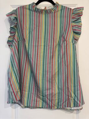 SHEIN Striped Ruffle Sleeve Blouse in Teal with Rainbow Stripes